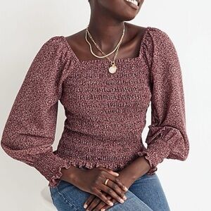 Madewell Lucie Bubble Sleeve Smocked Blouse - Vintage Mulberry Size Small